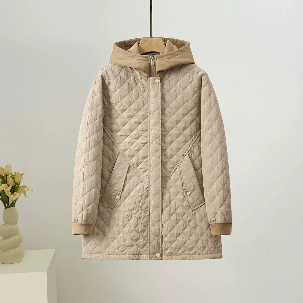 秋冬新款棉服女2025中长款妈妈大码宽松撞色连帽菱形格棉衣外套女