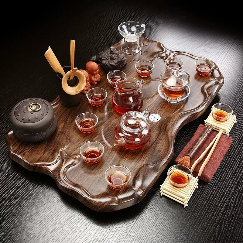 Glass tea set from natural wood for office, simple and elegant design
