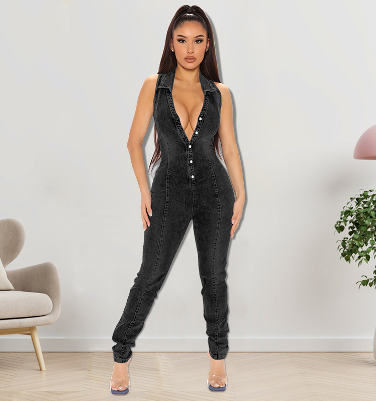 Sleeveless Denim Jumpsuit For Women, Front Button-Down Washed Stretch Romper, Street Style Casual One-Piece Outfit_ecoleips.com