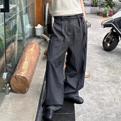 IWTFF条纹抽绳飘带西裤男TR混纺双褶四季通勤直筒A字垂感休闲长裤