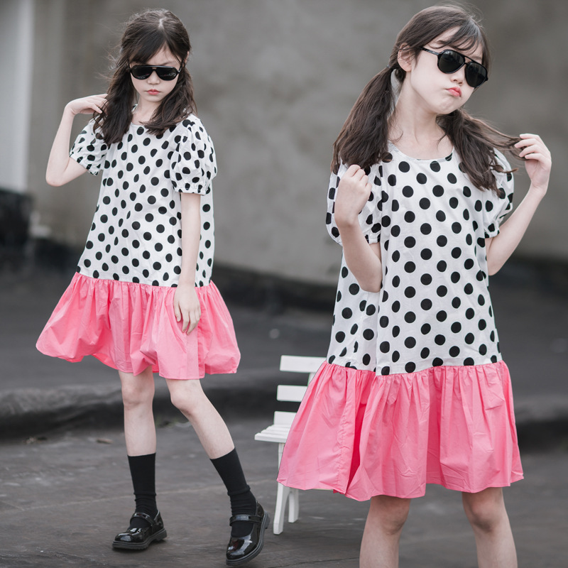 Vestido de niña para el verano 2024, nuevo estilo, para niñas grandes, de algodón puro, estilo princesa, moderno y elegante, con diseño de patchwork, de manga corta, para el verano.