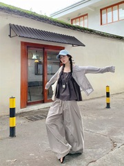 韩系松驰感褶皱显瘦吊带背心长袖开衫阔腿裤女2025秋季时尚套装潮