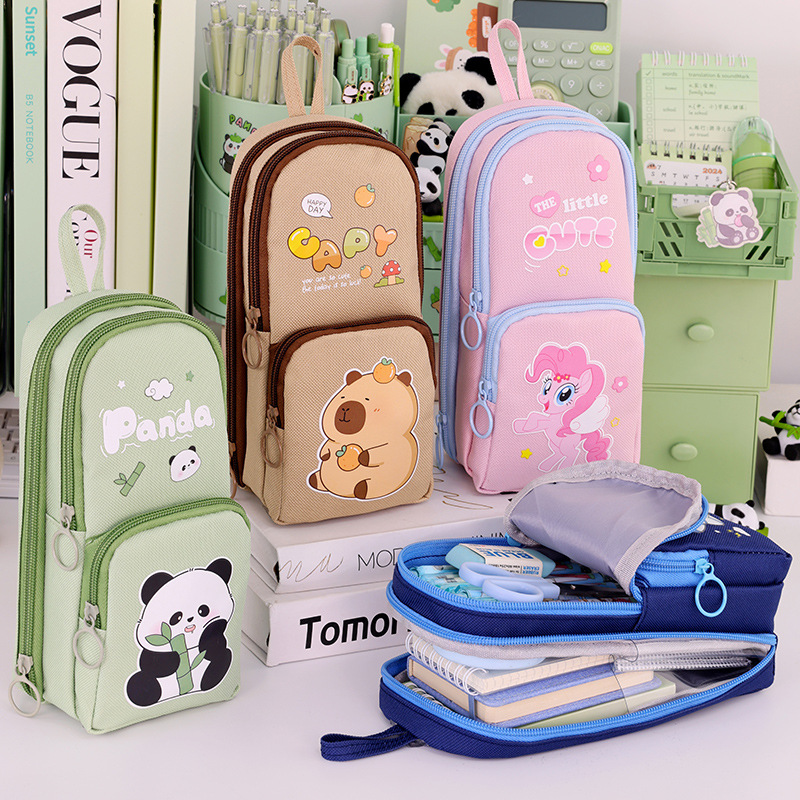 Mochila escolar pequeña de 3 capas de alto valor, estuche para lápices panda, caja de papelería para estudiantes multifuncional de gran capacidad y resistente a la suciedad