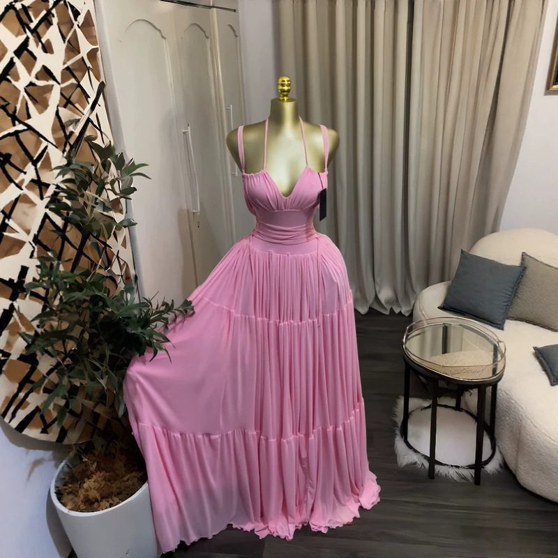 In stock 2026 new cross-border European and American women's clothing INS holiday mesh strap elegant high-waisted long dress