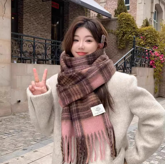 美拉德高级氛围感围巾女冬季韩版百搭加厚马海毛绒围脖保暖卡其色|undefined