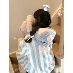可爱卡通珊瑚绒条纹睡衣女款2025年冬季新款开衫长裤家居服两件套