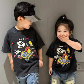 跨境夏款男女童水洗做旧时尚卡通圆领印花短袖T恤中大童纯棉上衣
