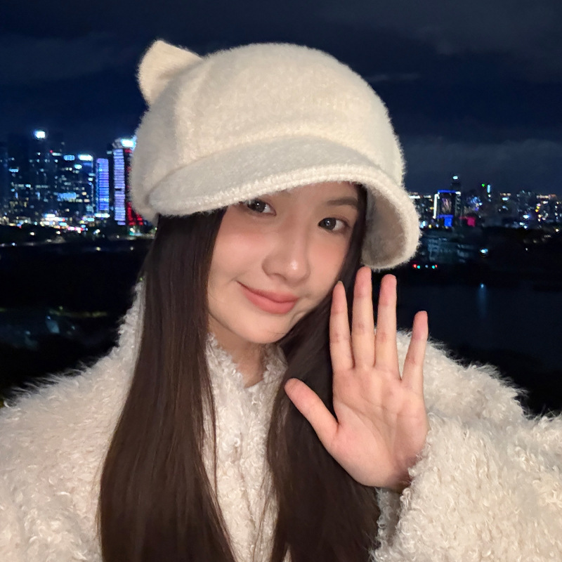 新款韩版秋冬帽子女款鸭舌八角帽猫耳朵防风保暖显脸小百搭大帽檐|undefined