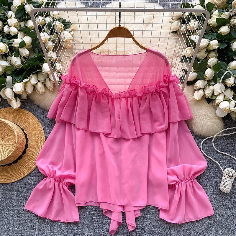 Summer Elegant Lazy Style Socialite Ruffled Trim Flared Sleeve Chiffon Blouse Loose Shirt Women's Clothing Tops_ecoleips.com
