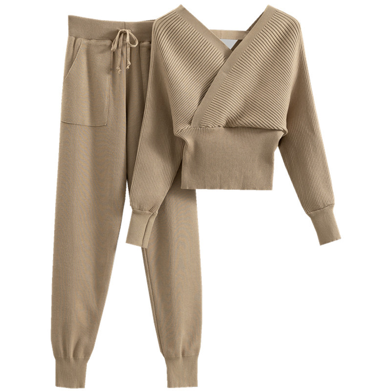 Ensemble deux pièces en tricot pour femme, col en V, sexy, sans bretelles, tendance, automne_voghion.com