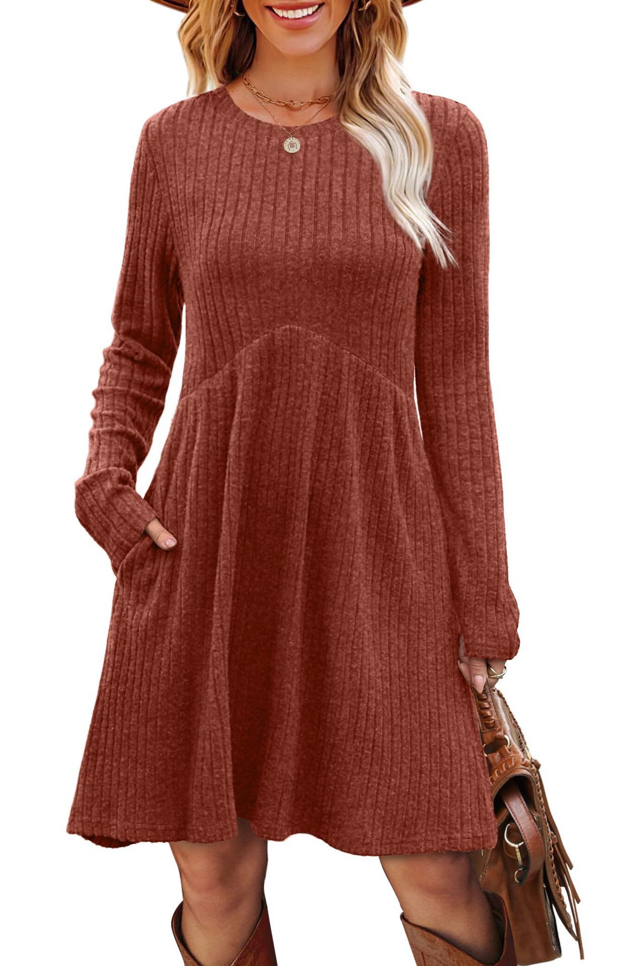 Bohemian Mid-length Autumn Winter Dress Irregular Brushed Ribbed Skirt_voghion.com