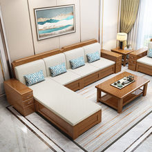 中式沙發組合實木客廳冬夏兩用高靠儲物小戶型農村布藝床廠家直銷