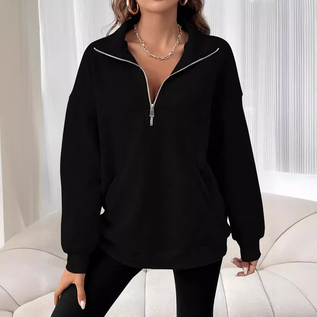 Women's Clothing 2024 autumn and winter new fashion zipper lapel solid color casual T shirt for women_voghion.com