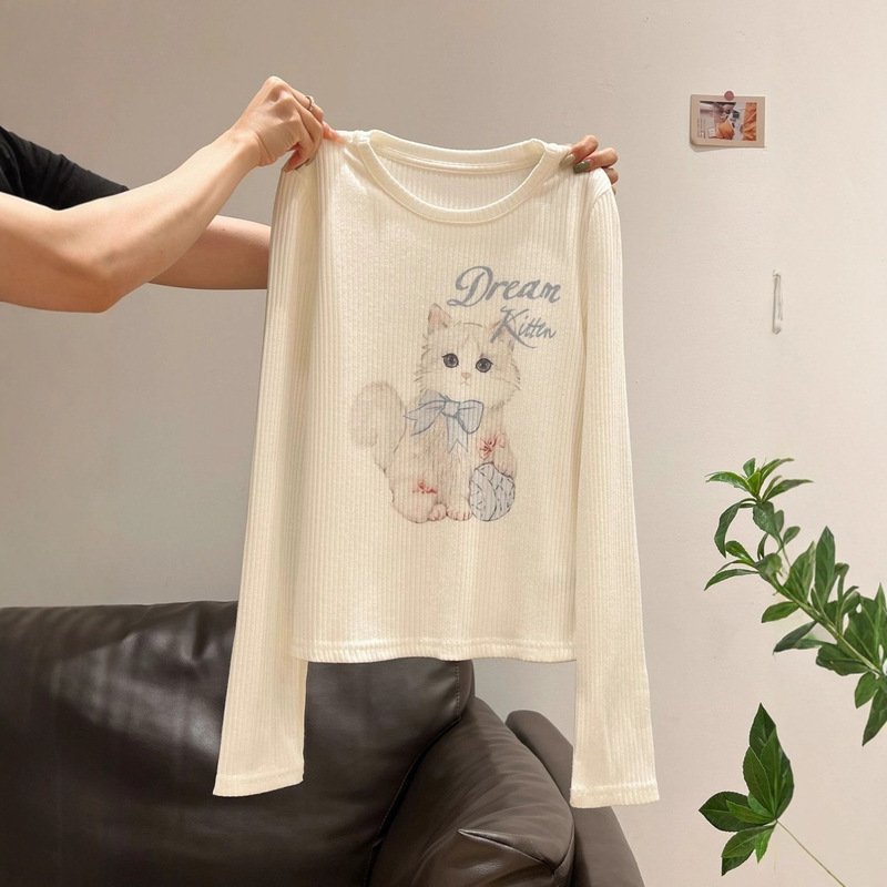 White Cartoon Cat Letter Printed Long-Sleeved T-Shirt for Women 2025 Early Autumn New Slim Fit and Versatile Top