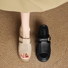 复古露趾羊皮粗跟凉鞋女夏季新款镂空洞洞鞋皮带扣高跟鞋跨境外贸