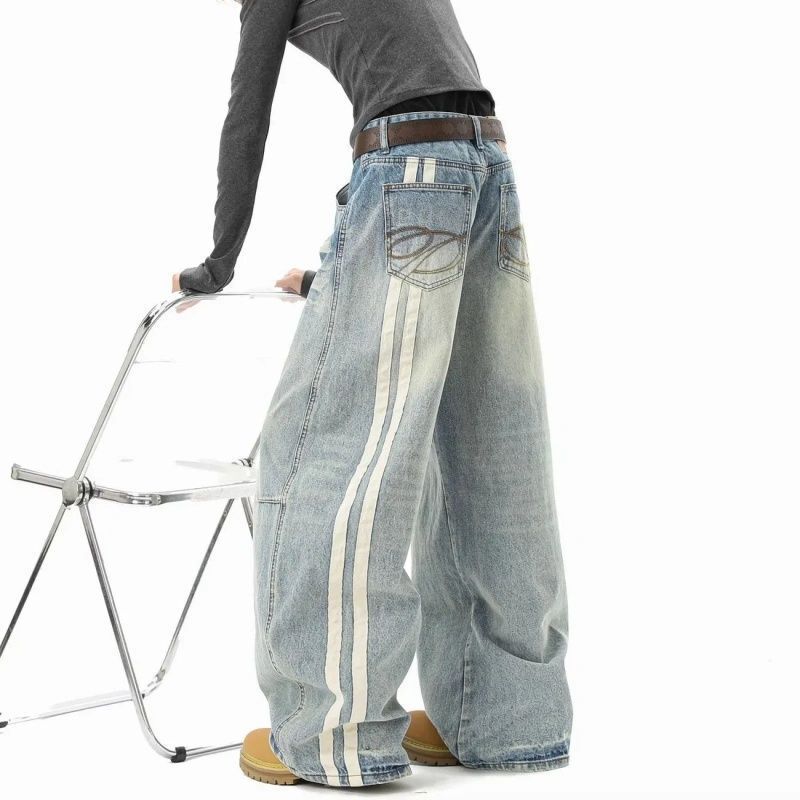 American-Style Light Blue Ribbon Denim Jeans for Women, Spring Cleanfit Washed Whiskered Wide-Leg Pants, Slimming Scimitar Pants, Trendy