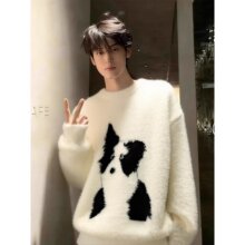 美式卡通小狗圆领毛衣男女秋冬季复古慵懒感宽松休闲加厚针织外套