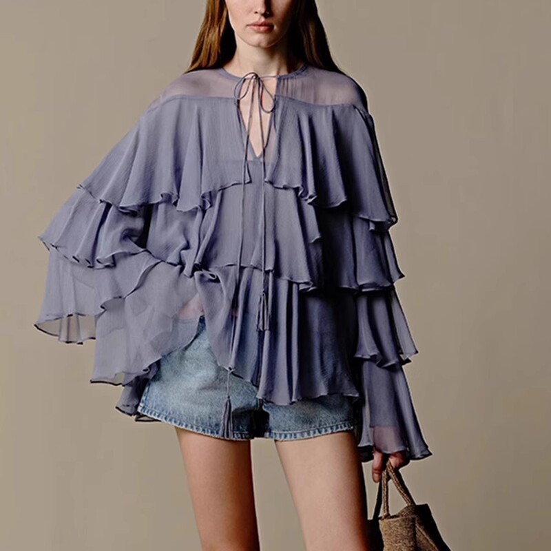 2025 New Summer Solid Color Ruffled Lace-Up Splicing Shirt Loose See-Through Long-Sleeved Top for Women