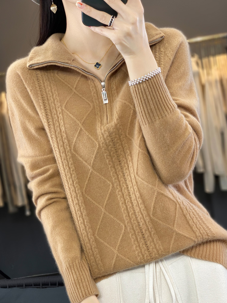 Lapel Wool Knitwear Women's Autumn and Winter Twisted Half-Zip Cashmere Knitwear Loose and Versatile Warm Bottoming Shirt Top