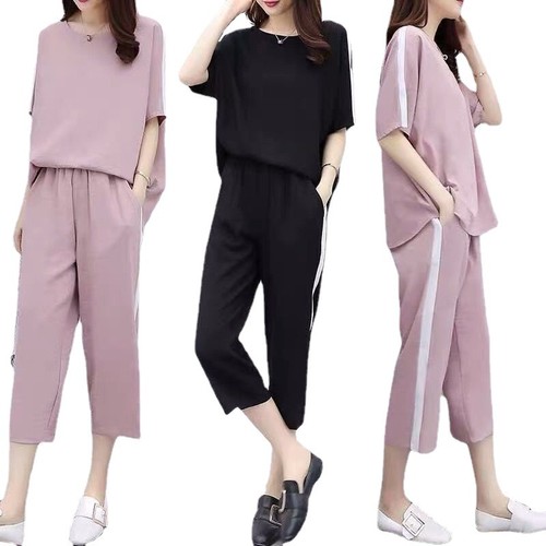 Summer Korean-style two-piece set for large size women, loose and comfortable wide-leg pants set for plus-size women