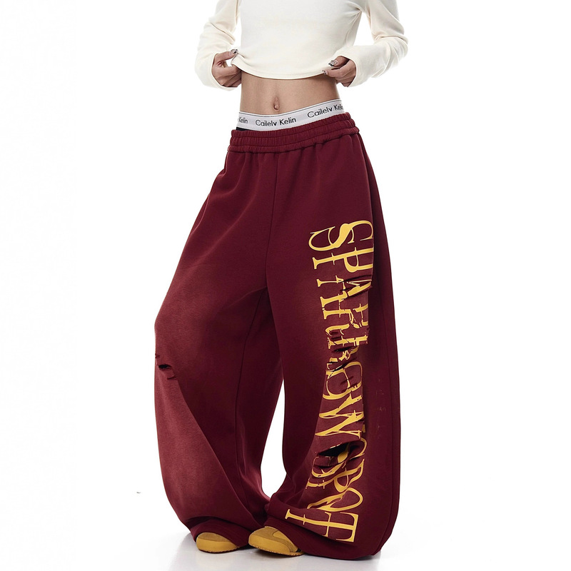 Spicy Heatstroke Retro Washed American Hip-Hop Letter Distressed Wide-Leg Casual Sweatpants for Women Autumn Jazz Scimitar Pants