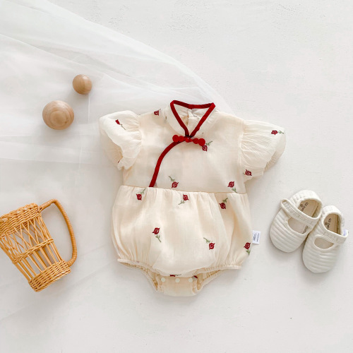 Baby clothes, summer jumpsuit, super cute baby girl full moon, 100-day cheongsam, summer thin Tang suit crawler suit