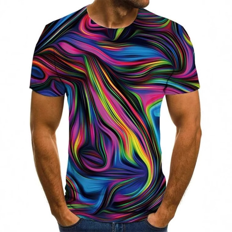 Trendy colorido geométrico halo estampado 3D para hombre moda callejera suelta malla transpirable manga corta cuello redondo camiseta