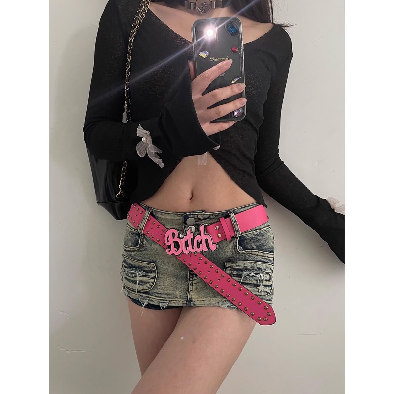 Nuova cintura Y2k Millennium Spicy Girl stile europeo e americano lettera rosa cintura donna nuova cintura subcultura versatile_voghion.com