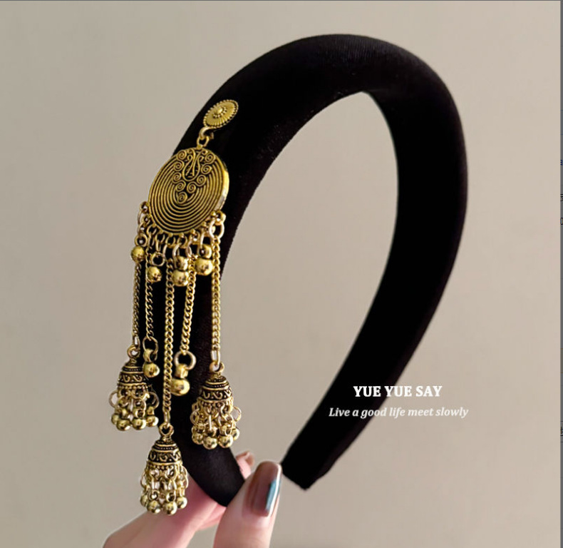 黑色丝绒单边金色流苏发箍