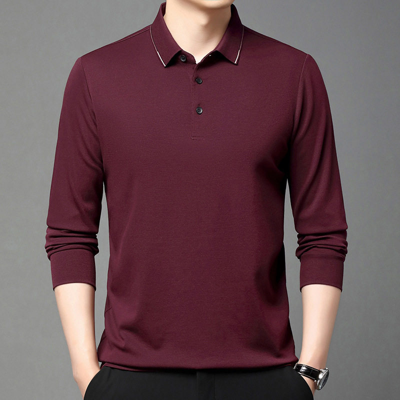 High-end big-name sheep wool men's long-sleeved T-shirt spring and autumn lapel soft skin-friendly bottoming outer wear knitted POLO shirt T