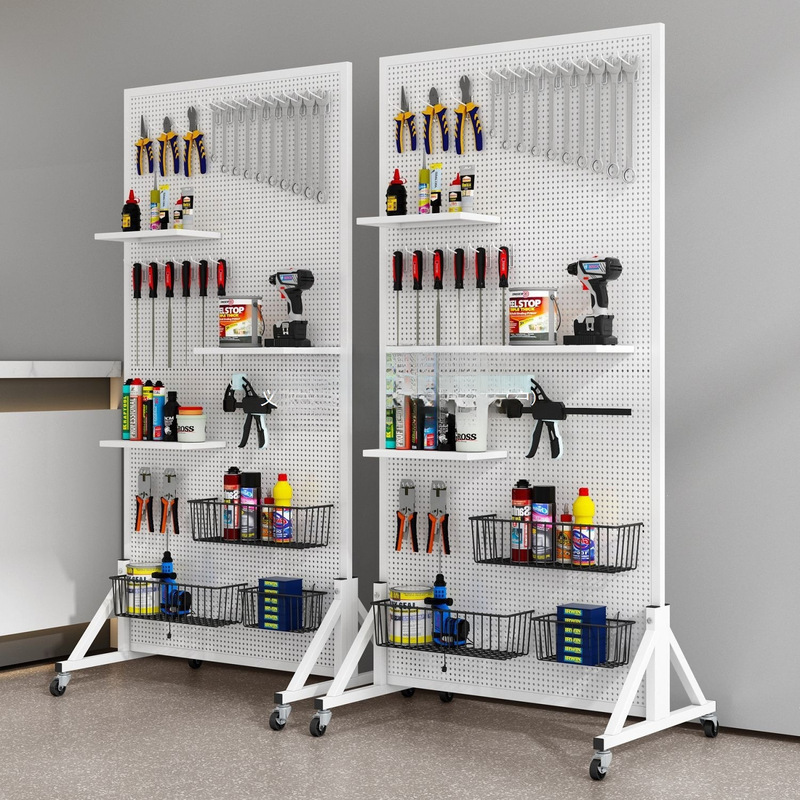 Wrought iron perforated board vertical stand multi-layer display rack, movable and adjustable storage shelf, supermarket shelf
