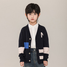 男童开衫秋季2024新款儿童全羊毛衫加厚拼色中大童V领毛衣外套潮