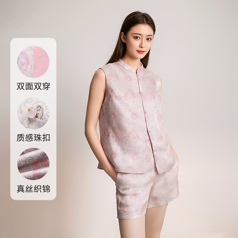 Spring and Summer New Style Reversible Silk Vest for Women, Made of Mulberry Silk, with a Traditional Chinese Style Stand Collar, Fashionable and Versatile