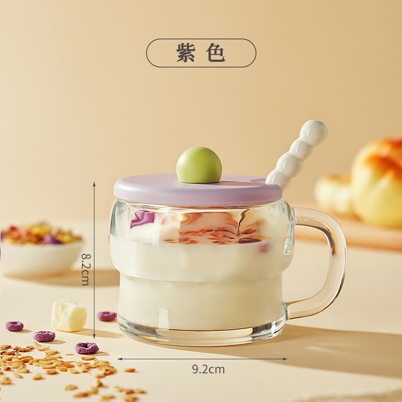 Taza transparente de alto valor Taza de desayuno con tapa Cuchara Taza de leche Mango Taza de avena Taza de vidrio Taza de yogur de leche de soja