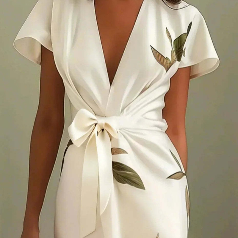 European and American Cross-Border Foreign Trade Independent Site Amazon New Satin Belted V-Neck Printed Long Dress for Women European and American Cross-Border Foreign Trade Independent Site Amazon New Satin Belted V-Neck Printed Long Dress for Women