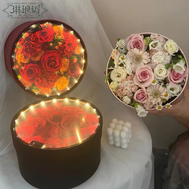 Día de San Valentín chino luminoso caja redonda ventana caja de flores transparente con ramo de luz Rose caja LED luz vacía caja de regalo