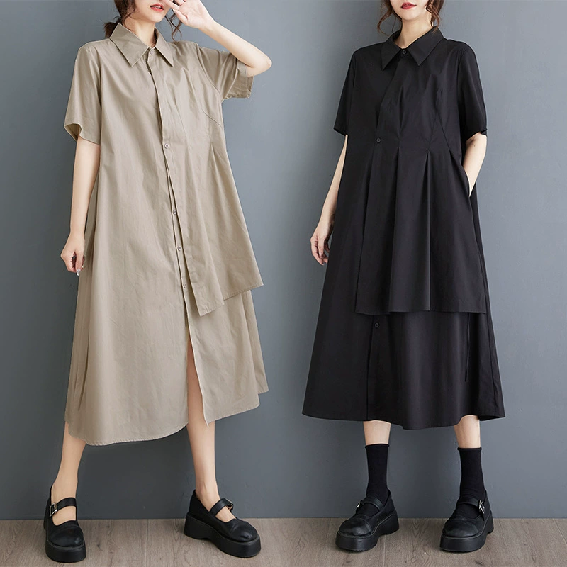Реальная съемка 2025 года корейская версия новой свободной шитой большого размера случайный простой пригородной сладкое платье с короткими рукавами