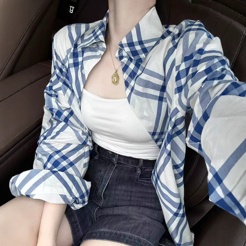 2025 Boyfriend Style Blue Striped Loose Shirt for Women, New Spring and Autumn Thin Cardigan with Advanced Turn-Down Collar Top