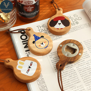 Creative Cute Cartoon Solid Wood Bottle Opener Round Bottle Opener with Handle Beer Bottle Wine Opener Magnetic Refrigerator Sticker