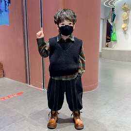 男童春装套装2025新款韩版儿童洋气春秋针织马甲宝宝炸街格子衬衫
