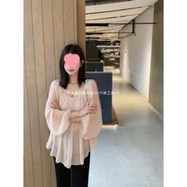 法式灯笼袖雪纺衫女春夏季宽下摆捏褶薄款包肩防晒罩衫设计感衬衣