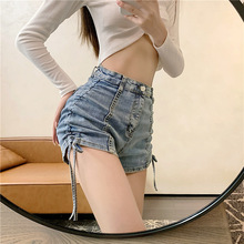 美式绑带抽绳设计牛仔短裤女辣妹高腰夏季新款ins风设计感A字热裤