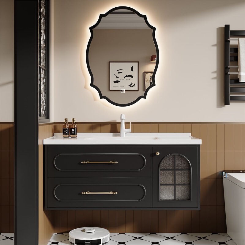 French-Style Black Lacquered Door Retro Bathroom Cabinet Set with Washbasin and Ceramic Bathroom Fixtures French-Style Black Lacquered Door Retro Bathroom Cabinet Set with Washbasin and Ceramic Bathroom Fixtures