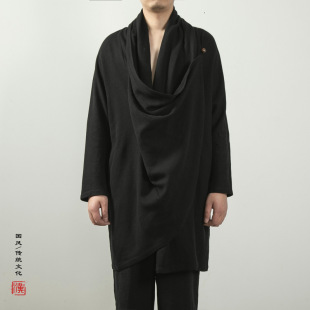 2024 New Autumn and Winter Chinese Style Men's Cotton and Linen Linen Han Dynasty Improved Mid-Length Men's Retro Robe Jacket