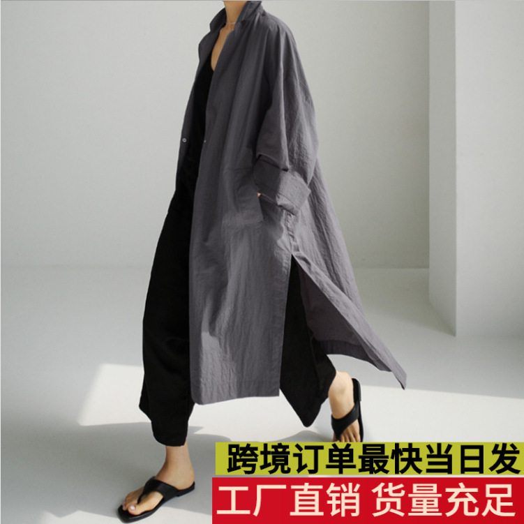 Korean Chic2026 Spring and Summer Japanese-Style Shirt-Style Dress Over-The-Knee Long Slit Cotton and Linen Windbreaker Jacket for Women