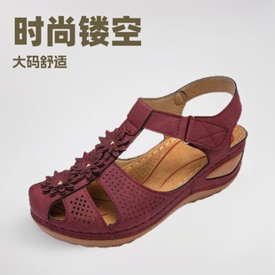 2025 Summer New Export Large Size Baotou Wedge Flower Cut Out Sandals for Outer Wear Beach Velcro Women's Sandals