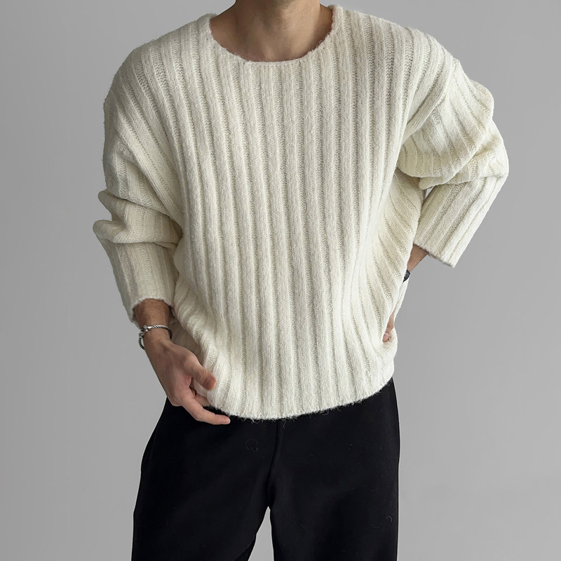 Long-Sleeved Striped Knitwear for Men, Spring and Summer Korean Style Imitation Alpaca Wool Round-Neck Sweater, Thickened, Warm, Fashionable and Loose-Fitting Jacket