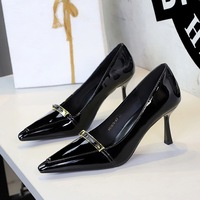 1619-A7 stylish metal buckle high heels, patent leather pointed toe single shoes, temperament slim heels, shallow mouth women's shoes