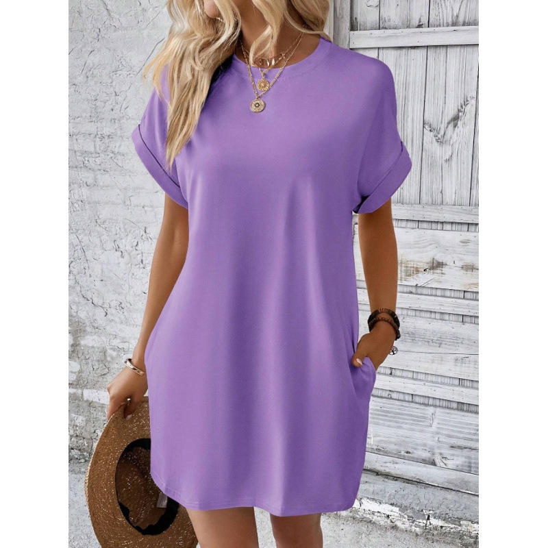 2025 Spring/Summer New European and American Cross-Border Women's Fashion Amazon Solid Color Round Neck Loose Short Sleeve Pocket Dress