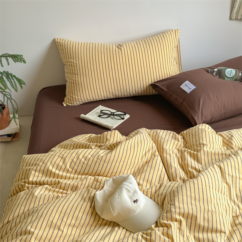 100% Cotton Yarn-Dyed Washed Cotton Single Quilt Cover Pure Cotton Bed Four-Piece Set Simple Stripesd Pillowcase All Year Round